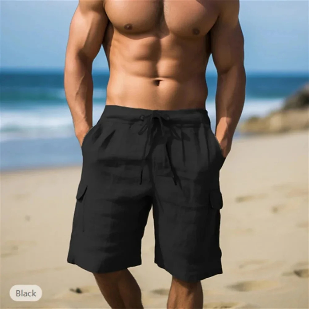 Mens Solid Cotton Linen 5 Inch Shorts Breathable Summer Beach Pants with Drawstring Waist 260713BANJIA
