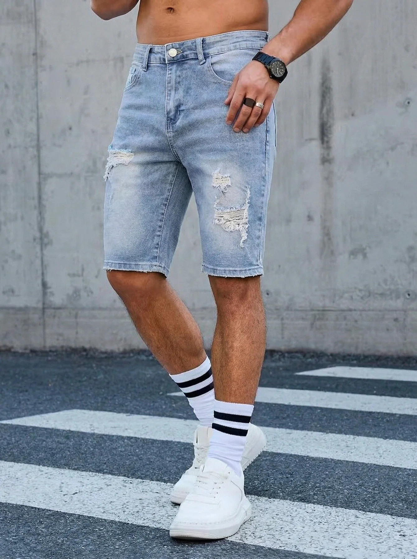 Shorts Pants Jeans Men Clothing Trousers Denim 2026 Summer Mens Light Blue Ripped Denim Shorts Distressed Straight Fit Knee 260720BJ