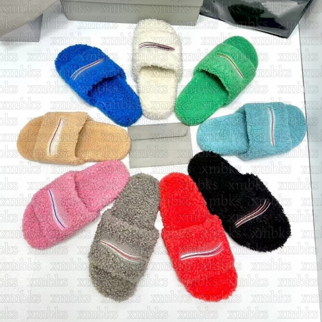 Designer Furry Slides Fur Slide Long Calf Hair Cuir Pantoufle Hommes Femmes Noir Blanc Orange Bleu Vert Rouge Kaki Pantoufles Femmes