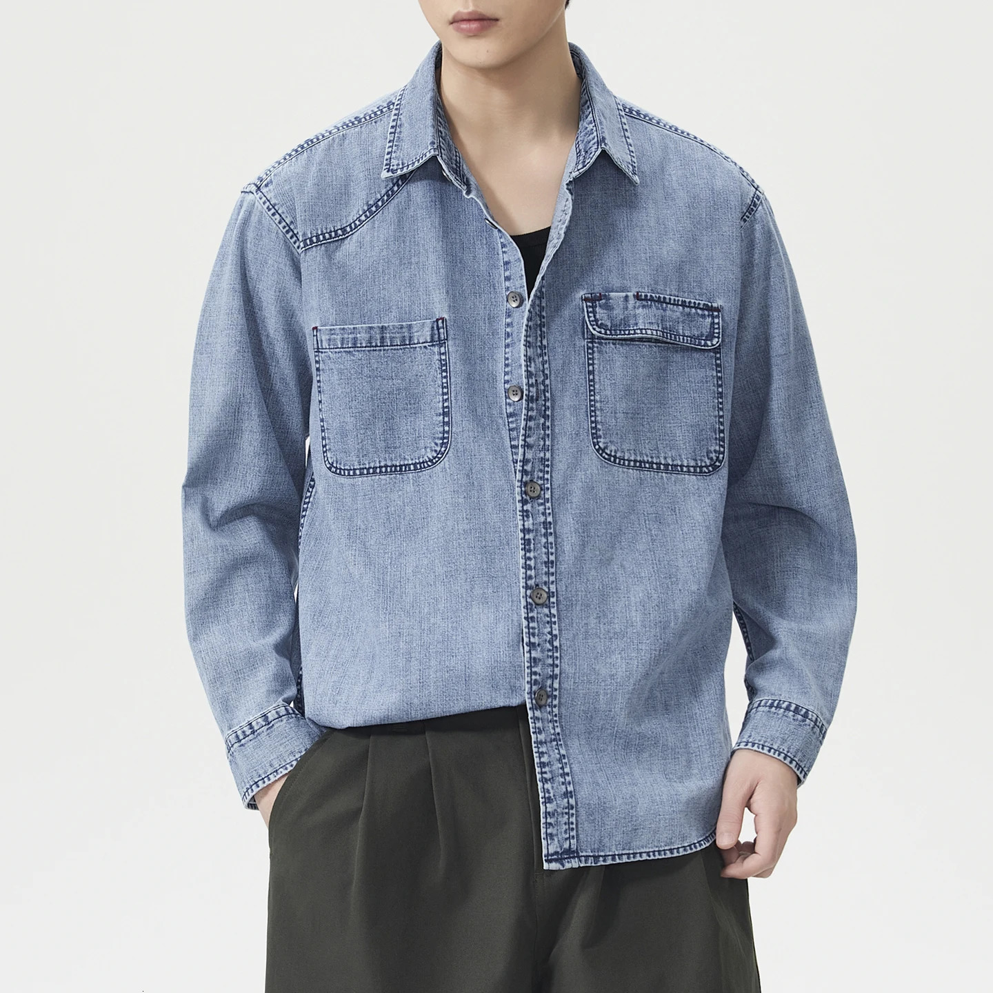 Japanese Korean Streetwear Cargo Jeans Shirts Men Fashion Vintage Long Sleeve Loose Casual Denim Shirt 260713BANJIA