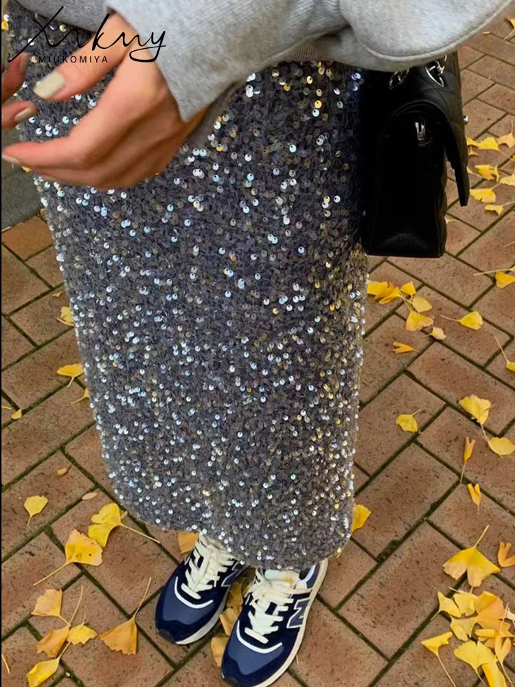 High Waisted Sequin Maxi Skirt Women Elegant Shiny Straight Skirts With Slit Summer Spring Black Long Sequin Skirt For Women 260716BJ