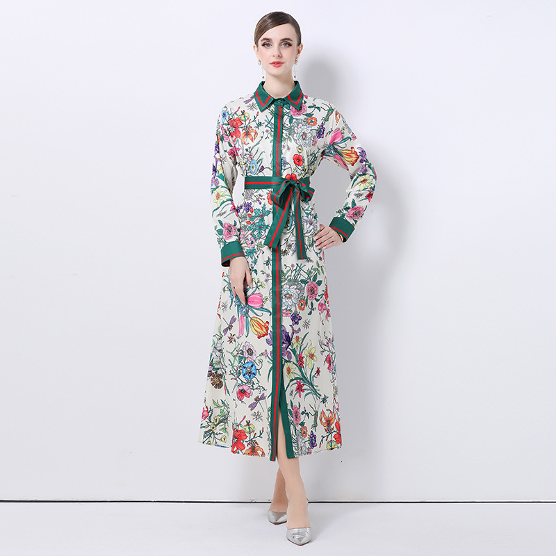 JAMERARY mode piste rouge Rose bleu blanc porcelaine chemise florale robe femmes été automne à manches longues Midi robes 240730