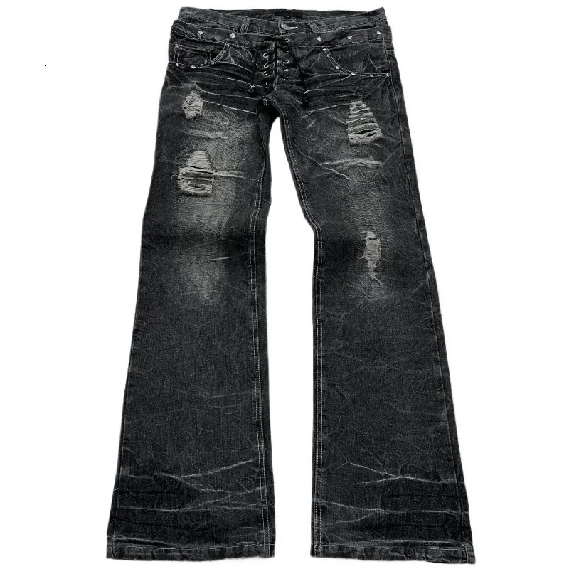 Fashionable high street double waisted lace up micro flared women jeans Y2K retro Harajuku washed for men and women jeans 260720BJ