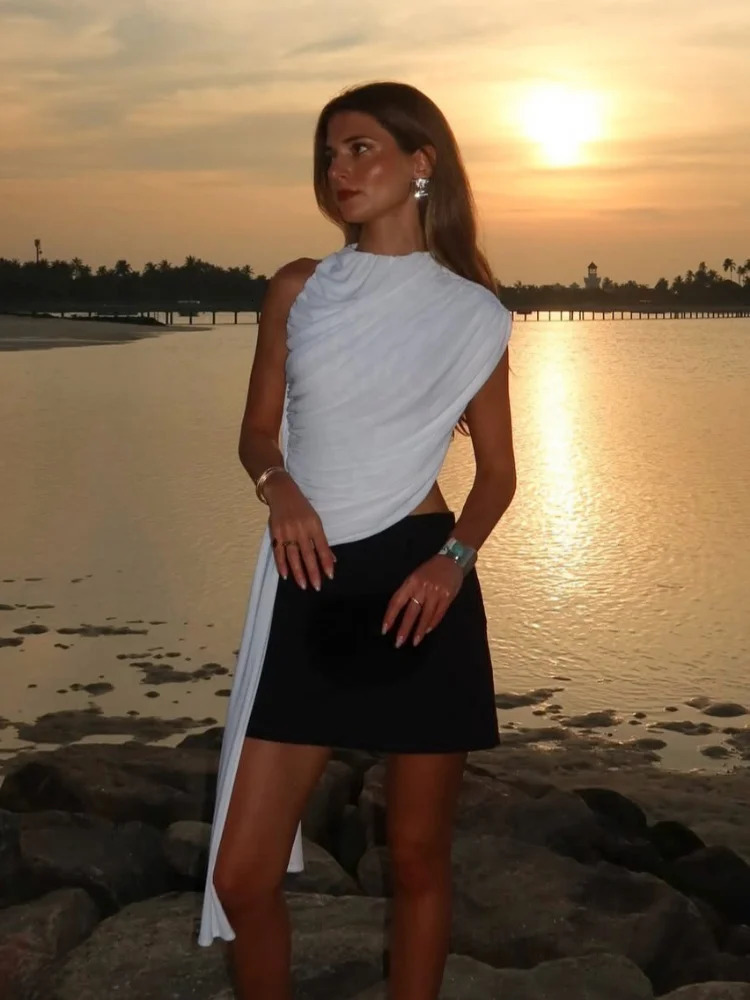 Women Wrinkle Sleeveless Solid Color Short Top Unique White Slanted Collar Ruffles Layer With Ribbon Blouse 2026 Lady Wears 260720