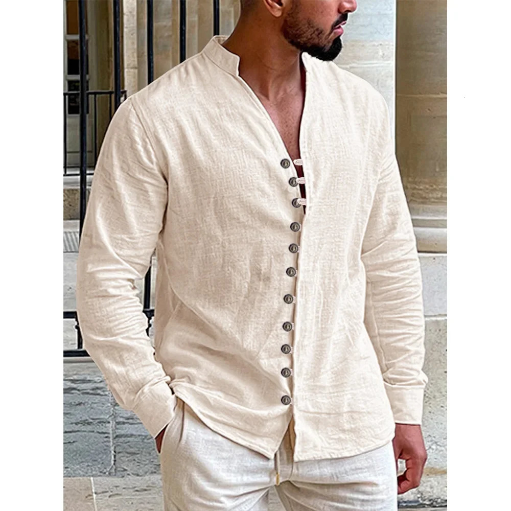 Multi buttons Shirts Cotton Linen Hawaiian Beach Long Sleeves Stand Collar Lightweight Breathable Mens Shirt 260720