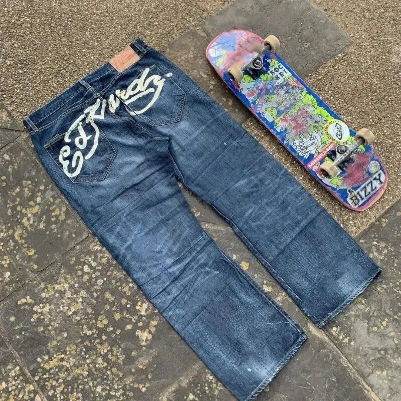 Ed Hardies Mens Jeans Retro Letter Graphic Y2k Hip Hop Printed Baggy Casual Women Streetwear Sports Micro Stretch Pants High Street Vintage Loose St
