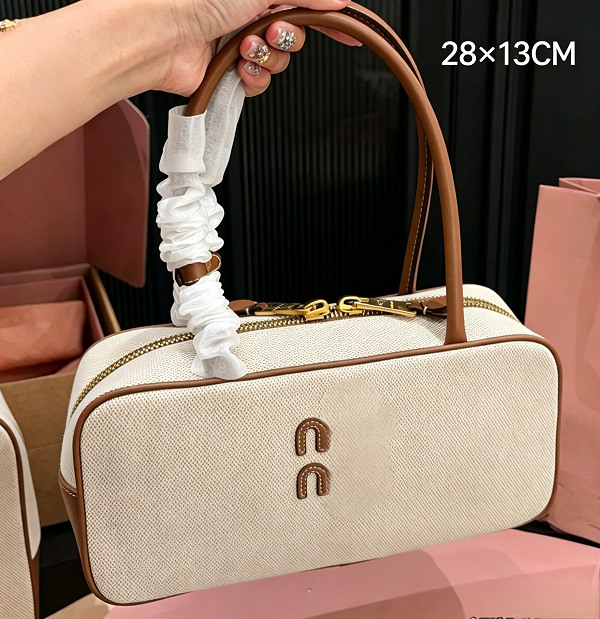 Designer Bag Canvas Bowling Bag With Genuine Cow Leather Trim Gold Double Zipper Top Handle Luxury Handbag Women Crossbody Tote