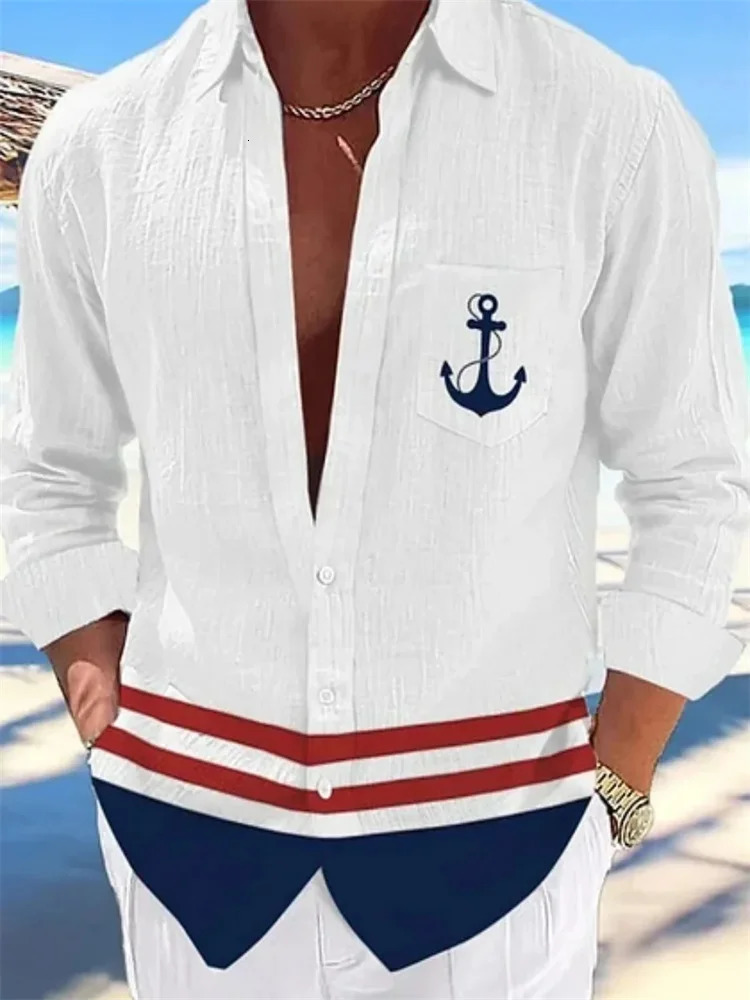 Mens nautical anchor print long sleeved casual loose breathable beach style single breasted Hawaiian shirt 260720