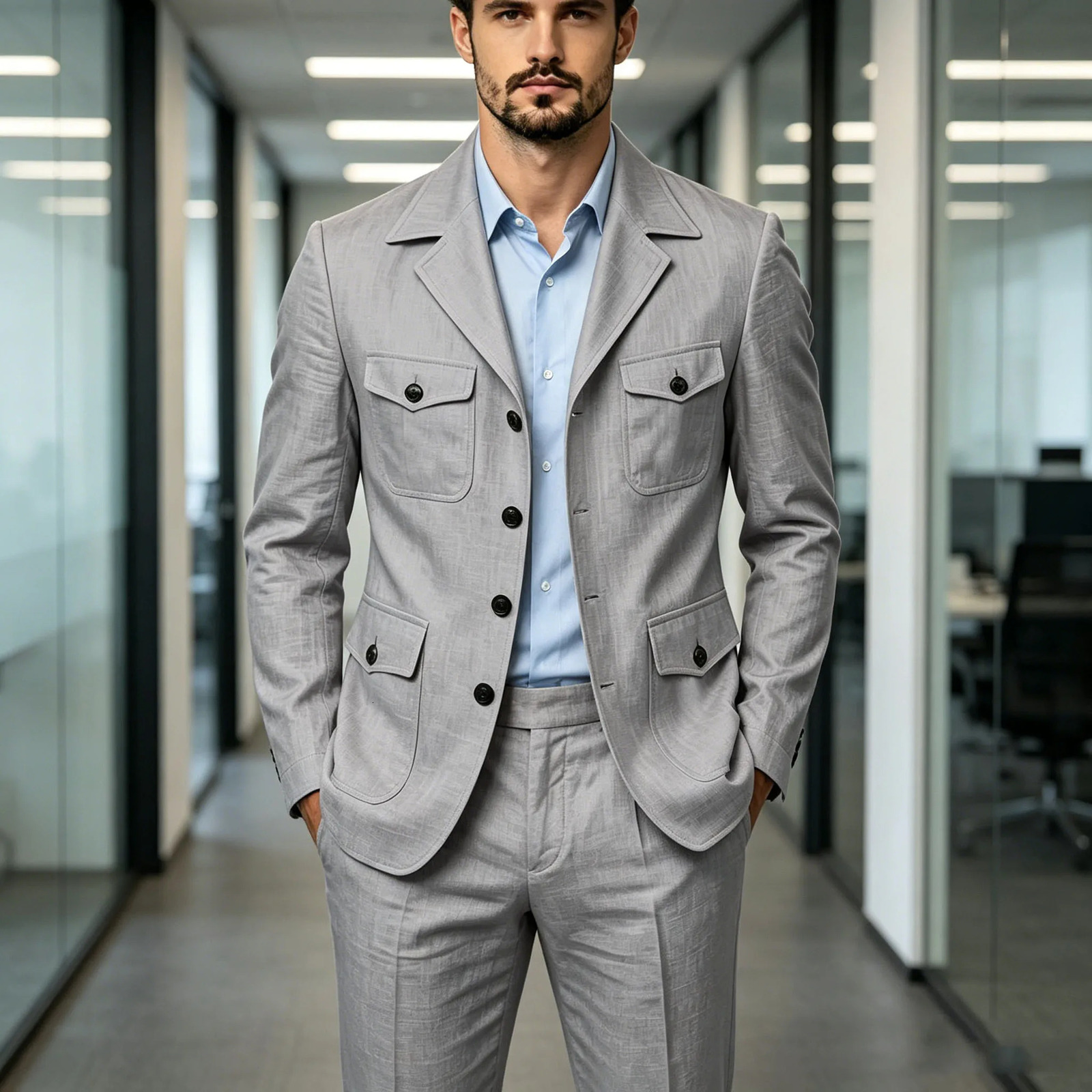Mens Grey Linen Blend Suit 2 Piece Multi Pocket Lapel Blazer pants Set Lightweight formal Suit for Summer Business Casual 260717