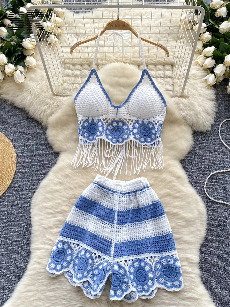 SINGREINY Bohemian Vacation Knitting Two Pieces Suits Women Halter Tassel BraElastic Waist Wide Leg Shorts Sexy Chic 2pcs Set 260716BJ