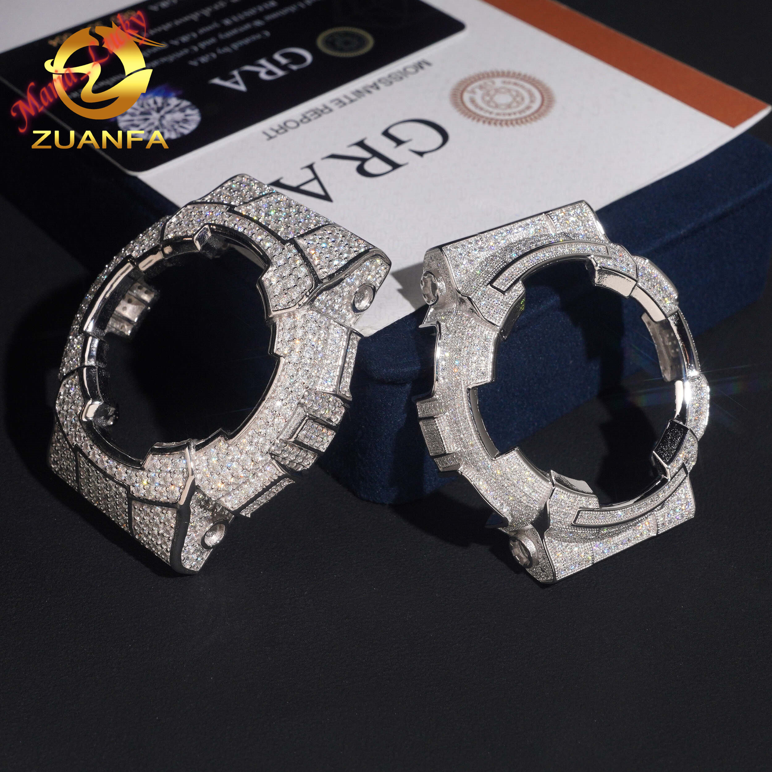 GRA Past Test Iced Out Full Moissanite Gem Watch Bezel Fit 925 sterling Silver 18K Gold Plated Handmade Rivet Watch Case Frame Hip Hop Bling Wristwa
