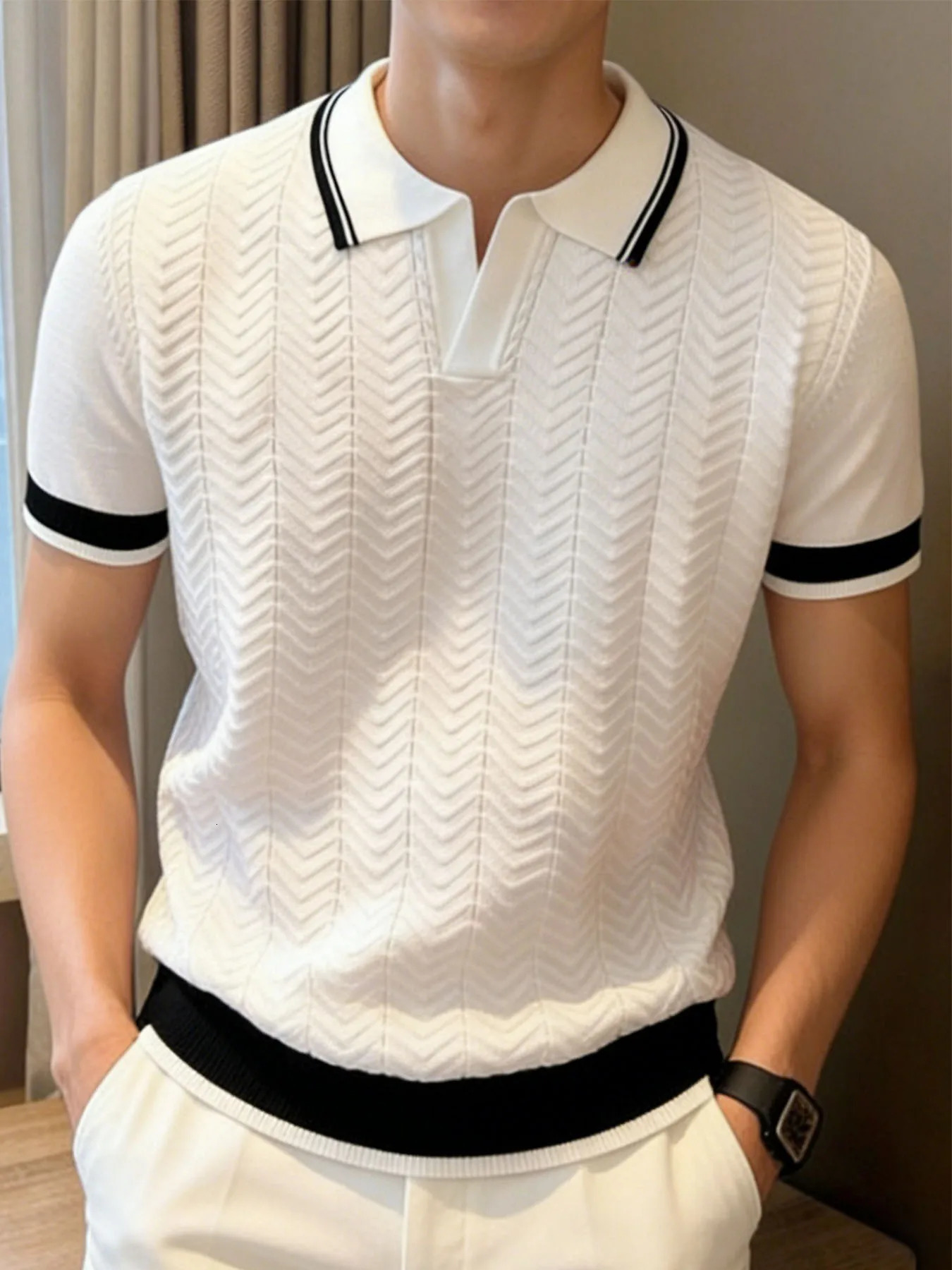 Summefashion Patchwork Knitted Polo Shirts Men Business Casual Turn Down Collar Knit Polos Male Vintage Short Sleeve Tees Tops 260720