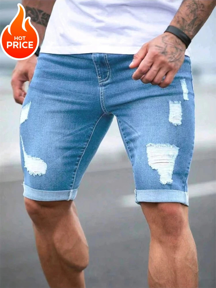 Short Jean Men Summer Mens Retro High Waist Denim Shorts Hole-Punched Straight Stretchy Casual Jeans American Style Male Pants 260720BJ