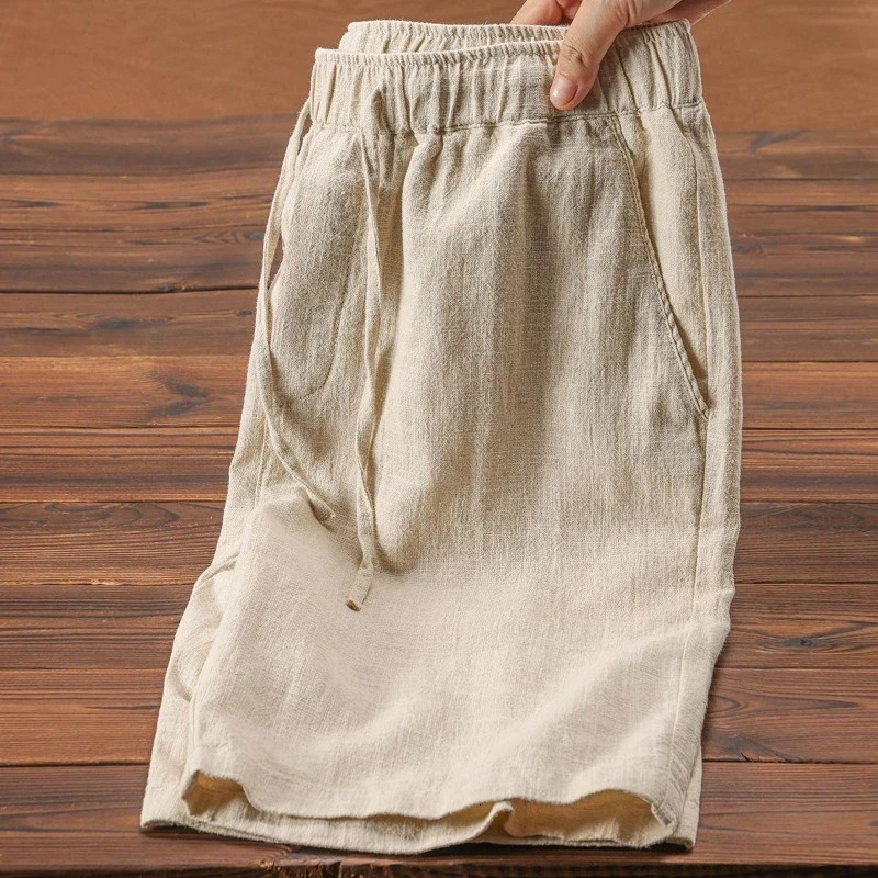 Mens Cotton Linen Shorts Breathable Solid Color Simple Elastic Waist Loose 5point Pants Casual Beach Wide Leg Sports 260713BANJIA