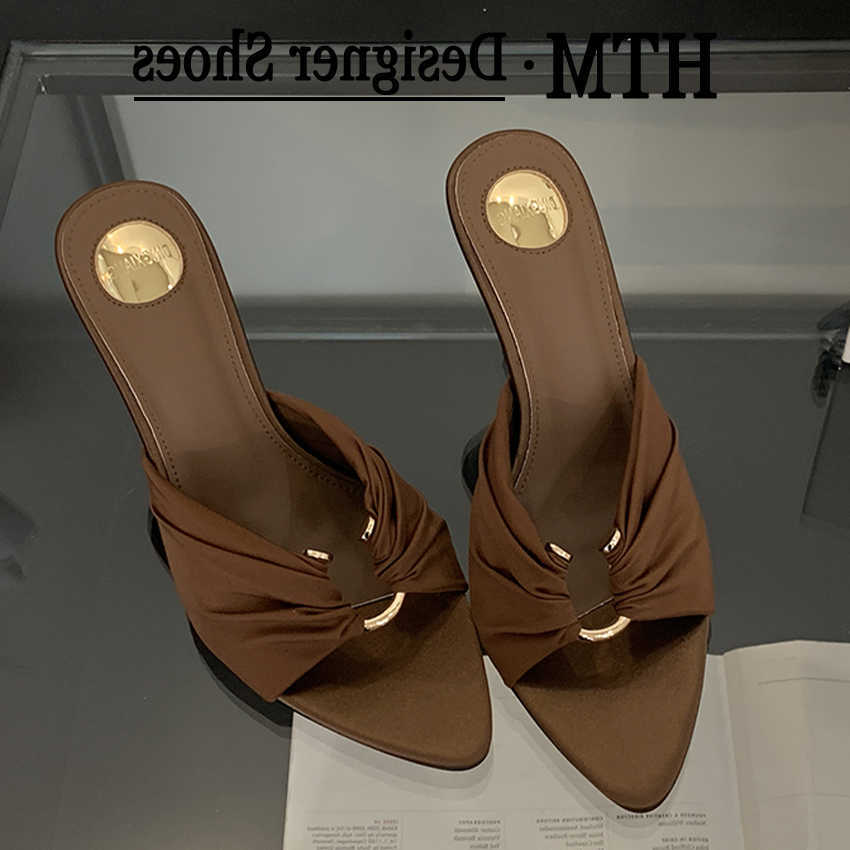 Womens Brand Designer High Heels 8CM Anti slip Slippers Pointed Leather Womens Shoes Brown Black Sexy Slippers Pumps SandalsT260720