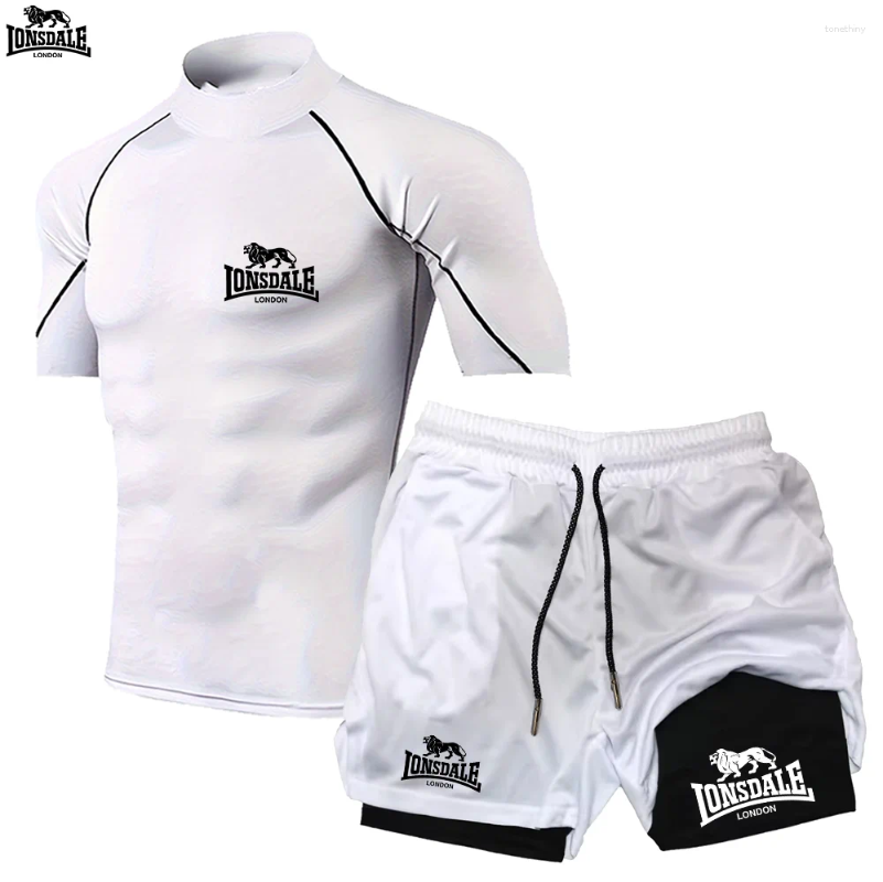 Men's Tracksuits LONSDALE Quick Drying Sports Tight Fitting High Neck T-shirt Summer Gym Running Training 2-in-1 Shorts Elastic Sets Male