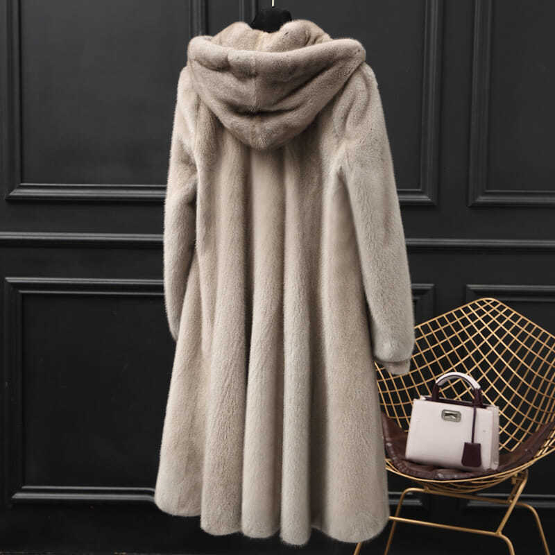 Women's Lamb Fur Coat, England-Style Flare-Sleeve Hooded X-Long Fur Jacket with Cashmere Lining - Double-Breasted Stand Collar, Solid Beige/Light Br