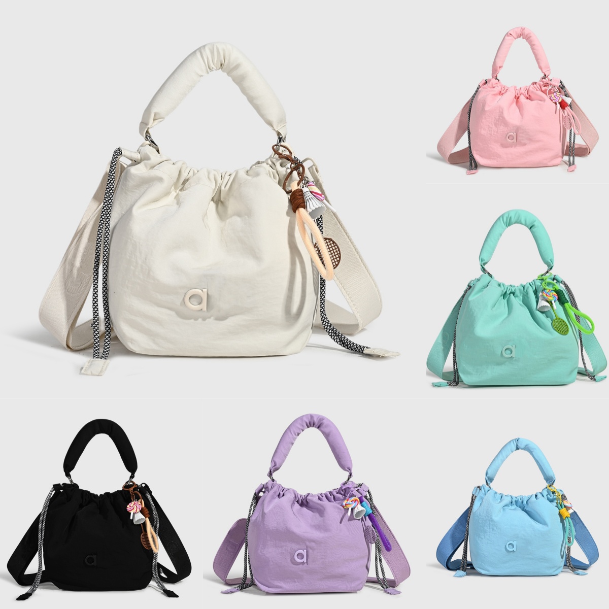A2561 Unisex Sports-Inspired Nylon Tote Compact Crossbody Slingbag Drawstring Backpack for Women Large Capacity Bag Charm Bags Single Shoulder Cr