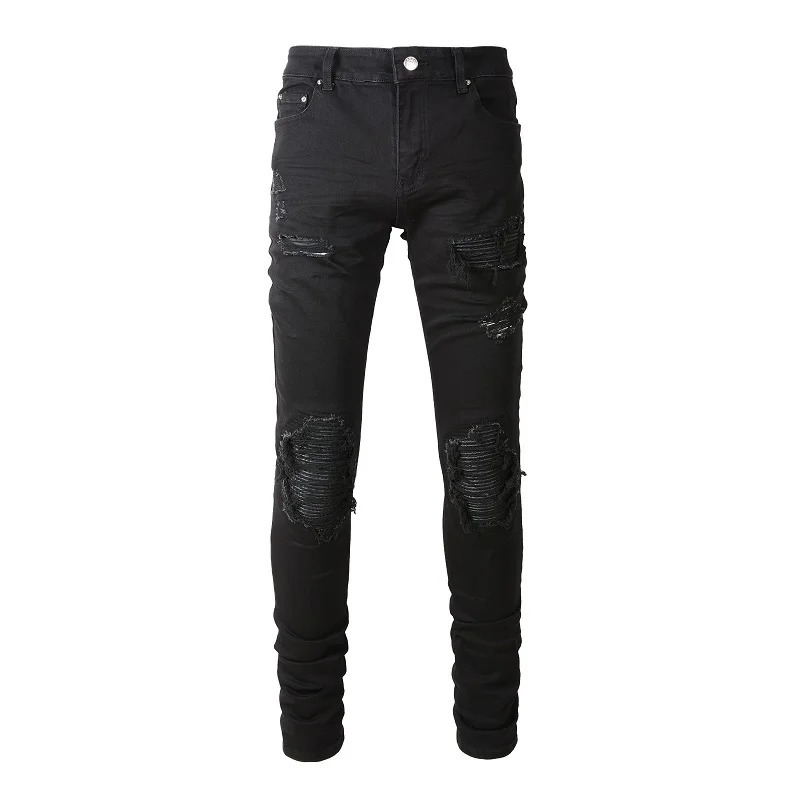 Men Leather Patch Biker Jeans for Motorcycle Streetwear Holes Ripped Patchwork Stretch Denim Pants Black Skinny Tapered Trousers 260720BJ