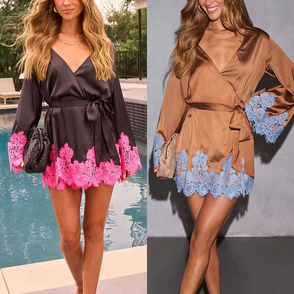 Women Satin V Neck Mini Dress Fashion Long Sleeve Patchwork Lace Trim Wrap Dress Summer Casual Elegant Beach Cover Up Holiday Outfit
