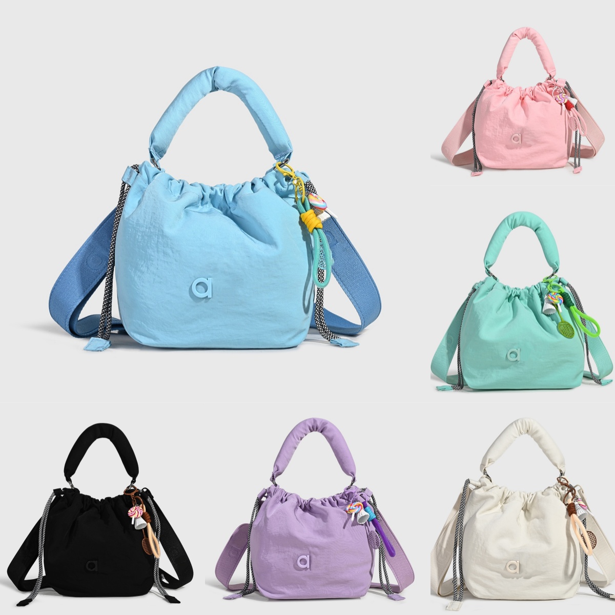 A2561 Unisex Sports-Inspired Nylon Tote Compact Crossbody Slingbag Drawstring Backpack for Women Large Capacity Bag Charm Bags Single Shoulder Cr
