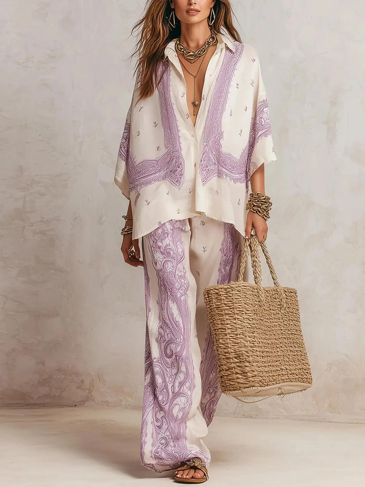 Summer Paisley Printing 2 Piece Set Women Elegant Lapel Long Sleeve Shirt Top Wide Leg Pants Casual Loose Suit for Vacation 260716BJ