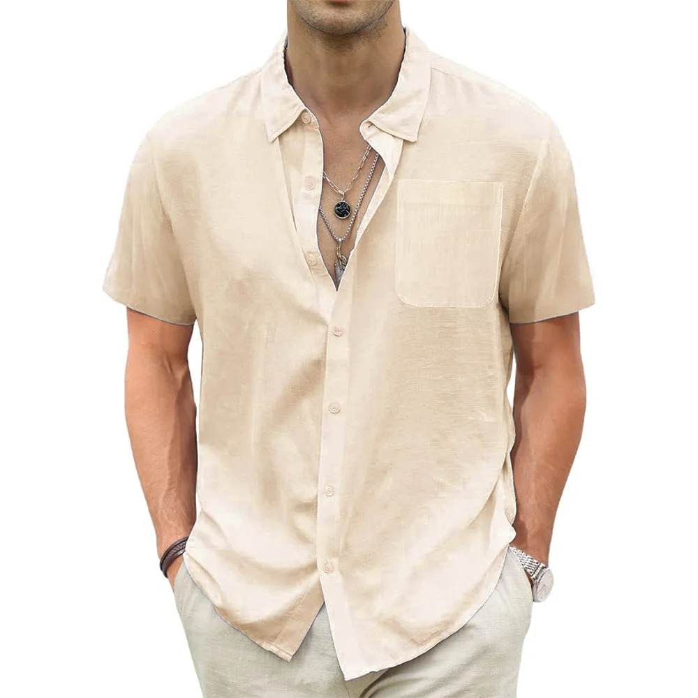 Mens Cotton Linen Short Sleeve Casual Lightweight Hawaiian Shirts Vacation Beach Summer Men Tops with Pocket 260720