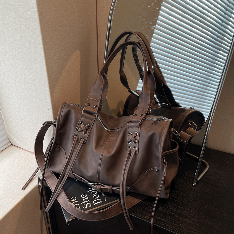 2026 New Vintage Soft PU Tote Bag Women Large Capacity Rivet Lace-up Design Functional Shoulder Handbag Versatile Commute Daily Shopping Crossbody B