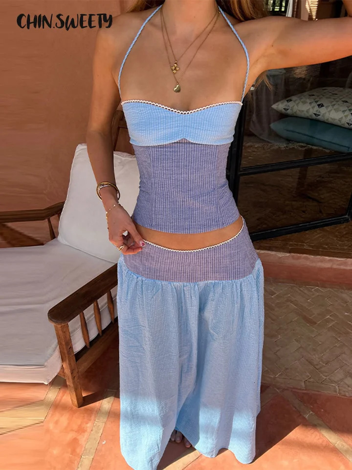 Chic Striped Womens Vest Pant Suits Sleeveless Slim Halter Top Wide Leg Pants Lady Set 2026 Summer Vacation 2 Piece Set Women 260716BJ