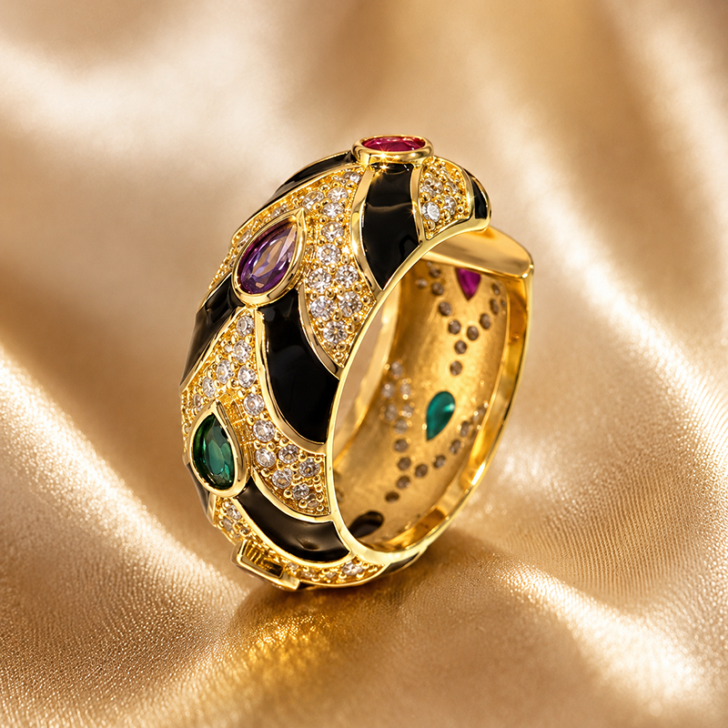 Black Enamel Wide Bangle Bracelet for Women Gold Tone Multicolor Teardrop Stones Clear Pave Luxury Jewelry Elegant Statement Gift Free Shipping Buy