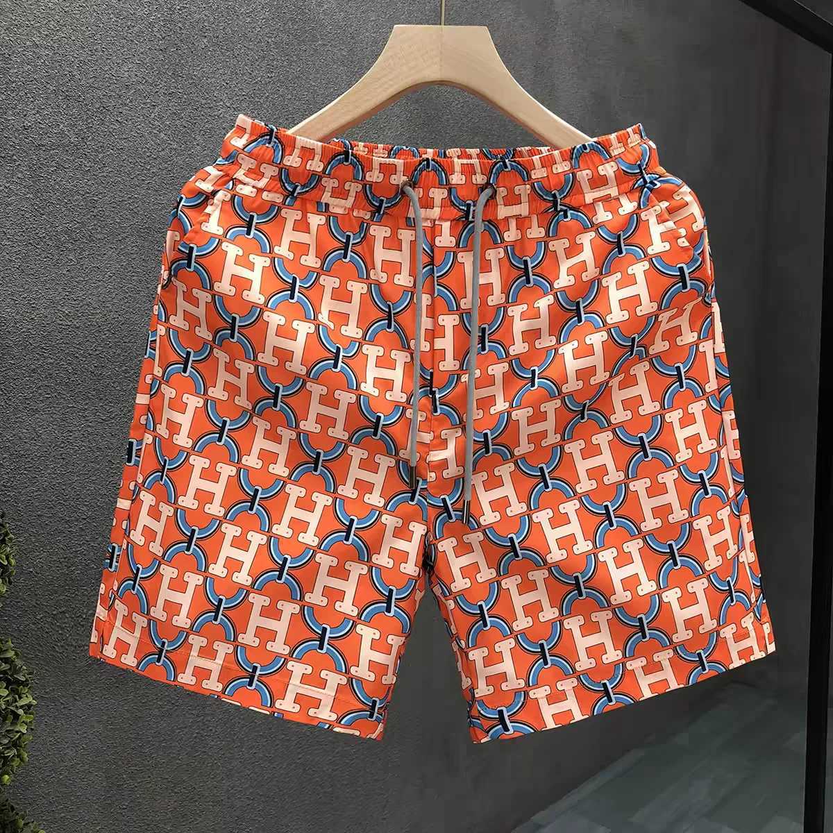 Men Orange Full H Letter Beach Shorts Quick Dry Casual Pocket Swim Trunks Summer Holiday Luxury Pattern Sports Board Short Pants D261005