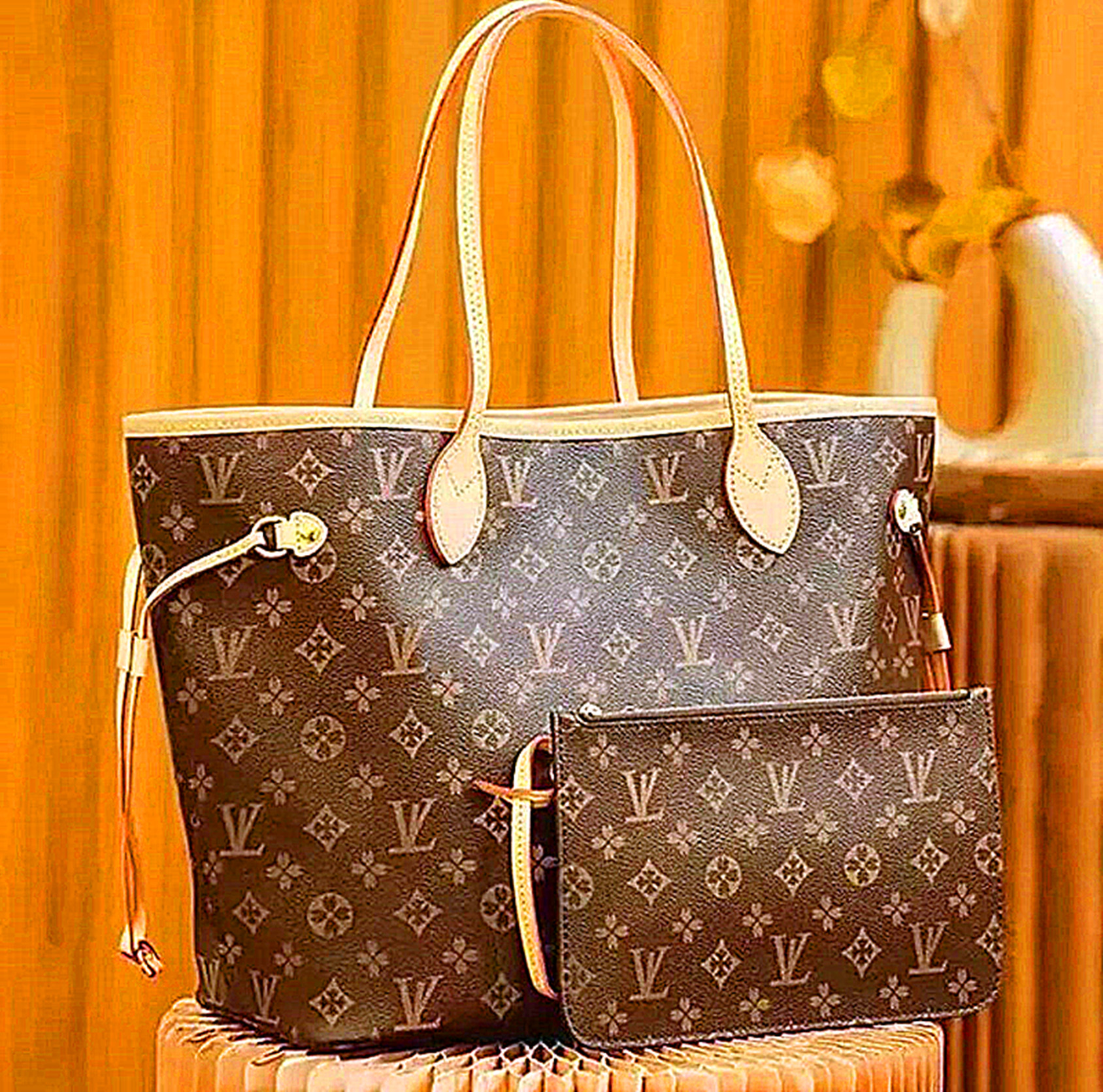 Sac de créateur Vintage imprimé deux-en-un sac fourre-tout assorti pochette à fermeture éclair cordon réglable grande capacité sac mère dames quo