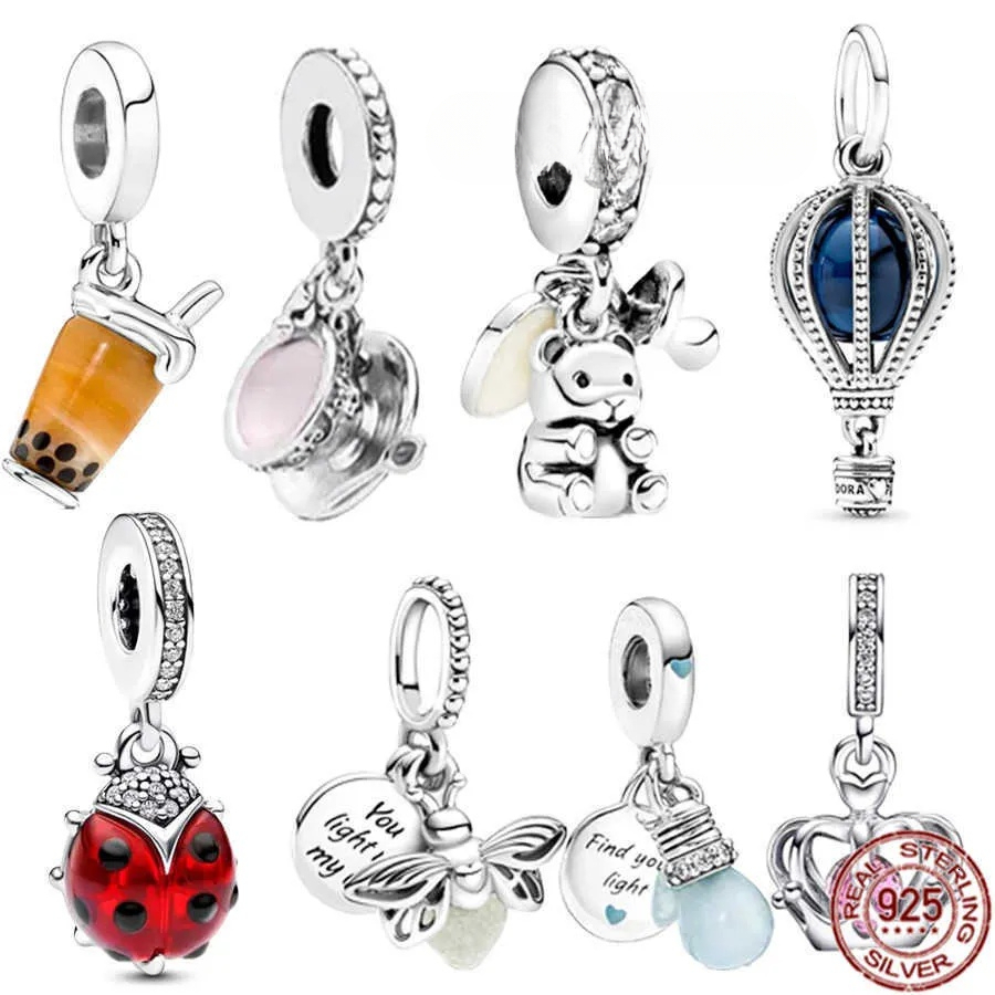 925 Breloque en argent sterling avec lucioles, ballon, bulle de thé, perles en peluche, convient pour les bracelets primitifs, bijoux à bricoler