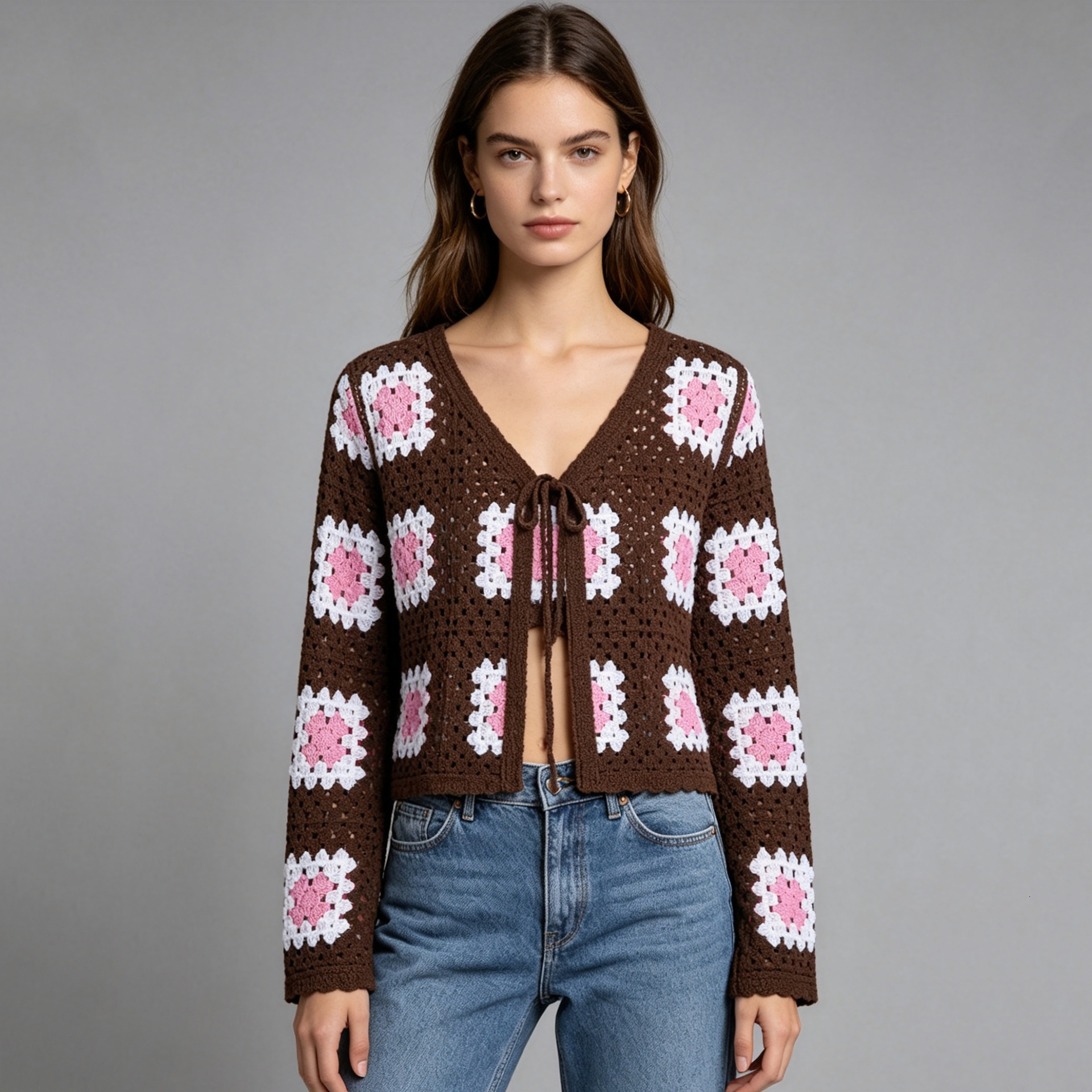 Women Vintage Plaid Crochet Lace Up Cardigan Knitwear Spring Autumn Thin Long Sleeve Open Front Cover Up MAKOUFEI