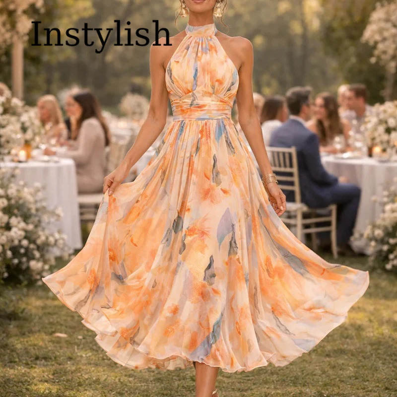 Temperament Womens Dopamine Color Floral Suspender Halter Neck Backless Dress Summer Highend Seaside Beach Long 260713BANJIA