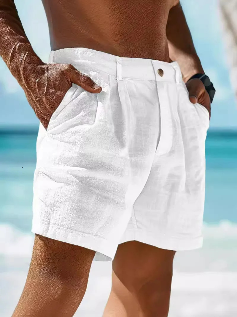 2025 Summer Cotton Linen Shorts for Men Solid Casual Button Pocket Beach Mens Comfortable Simple Vacation Leiture Pants 260713BANJIA