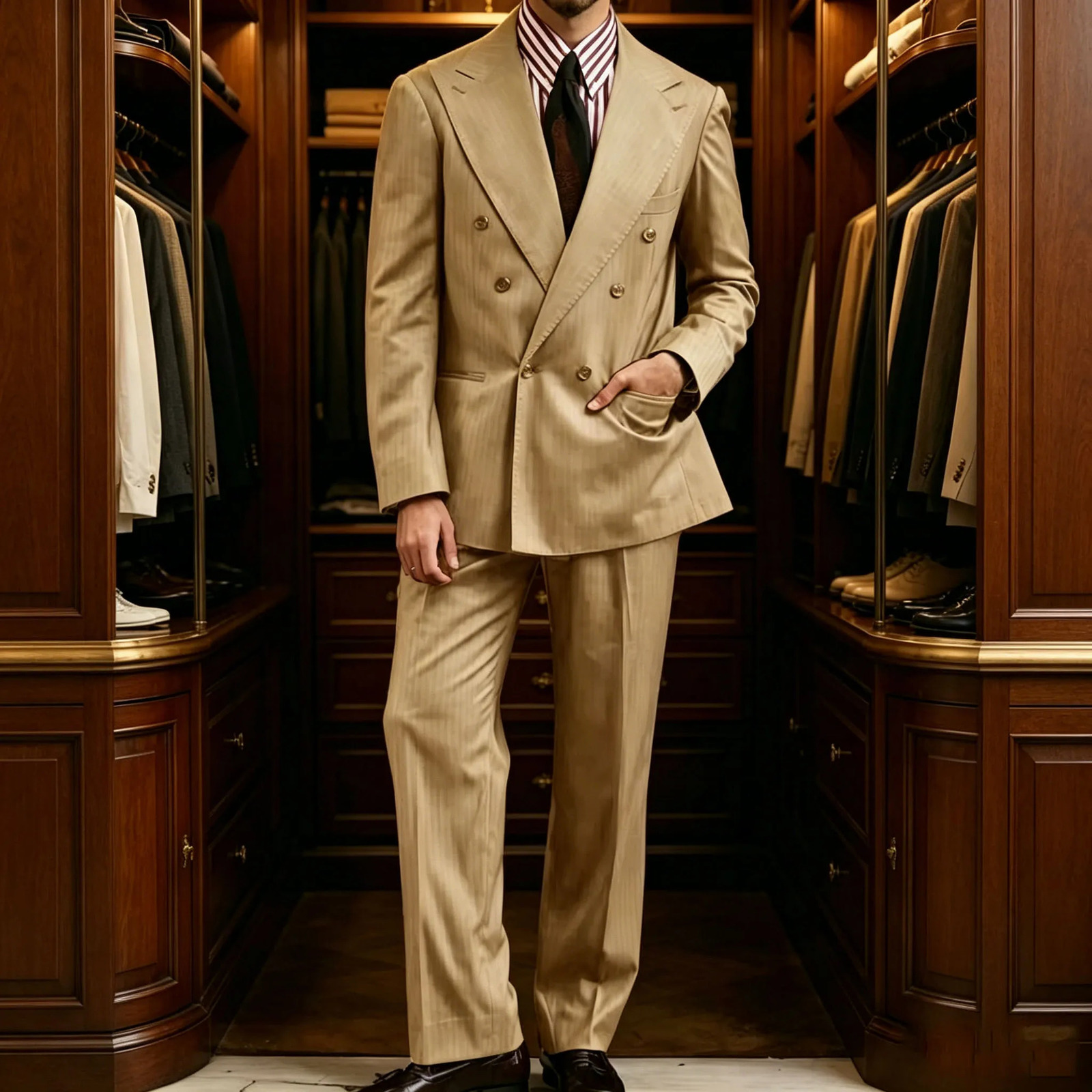 Mens Khaki Suit 2 Piece Set Double Breasted Lapel Blazer Straight Leg Pants Fashion Formal Outfit Business Casual Wedding 260717