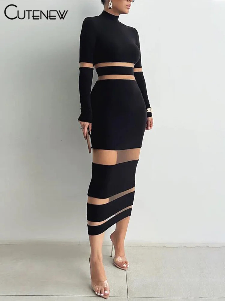 NIBBER Womens Elegant Turtleneck Stripe Knitted Maxi Dress Full Sleeves Body-shaping Robe Evening Sexy Attirewear Vestidos 260720BJ