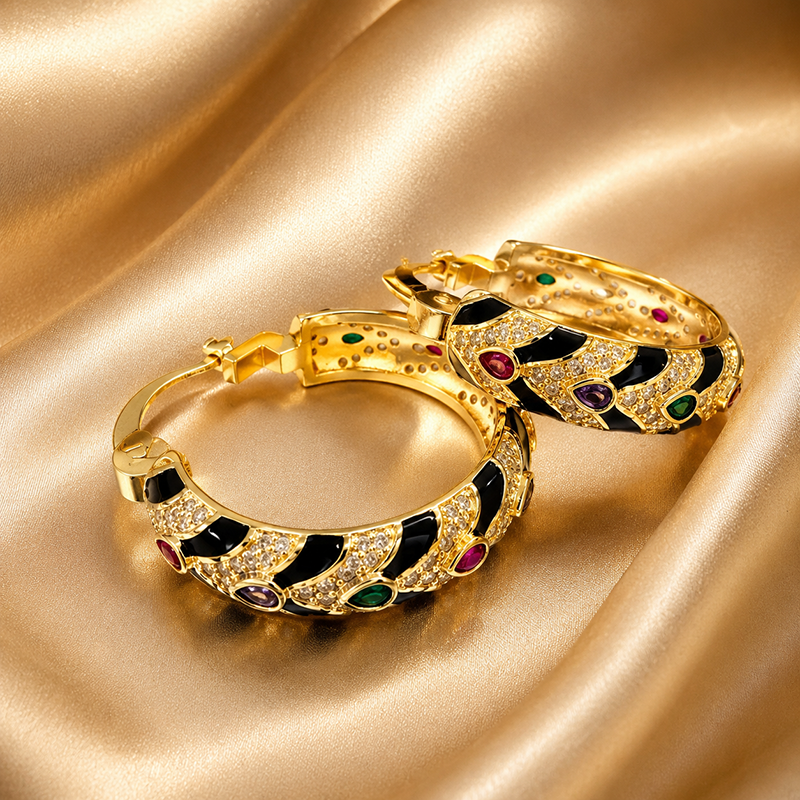 Boucles d'oreilles créoles en émail noir pour femmes, ton or, pierres ovales multicolores, pavé clair, large Huggie, bijoux de luxe, déclaration