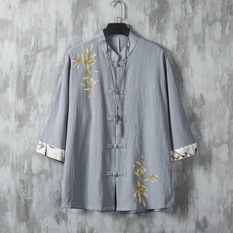 Mens Summer Leaf Print Short Sleeve Mandarin Collar Shirt Lightweight Linen Casual Top with Frog Button for Boho Street Style 260720