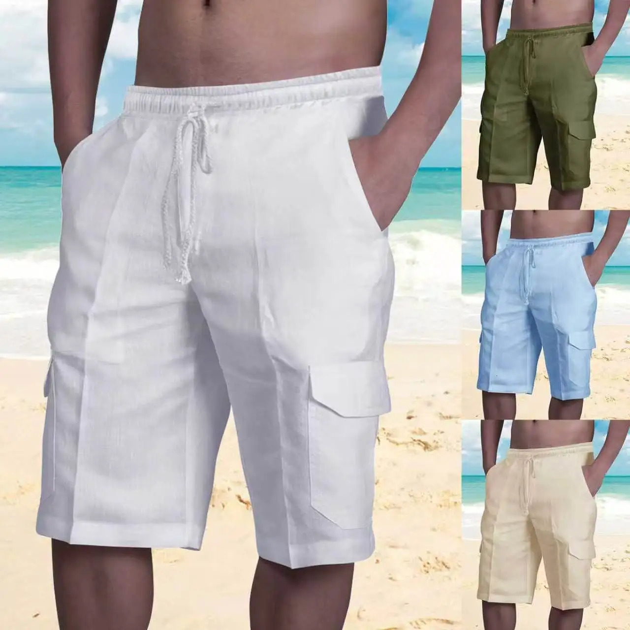 Mens Cotton Linen Shorts Pants Male Summer Breathable Solid Color Trousers Fitness Streetwear Lace up Bottoms 260713BANJIA