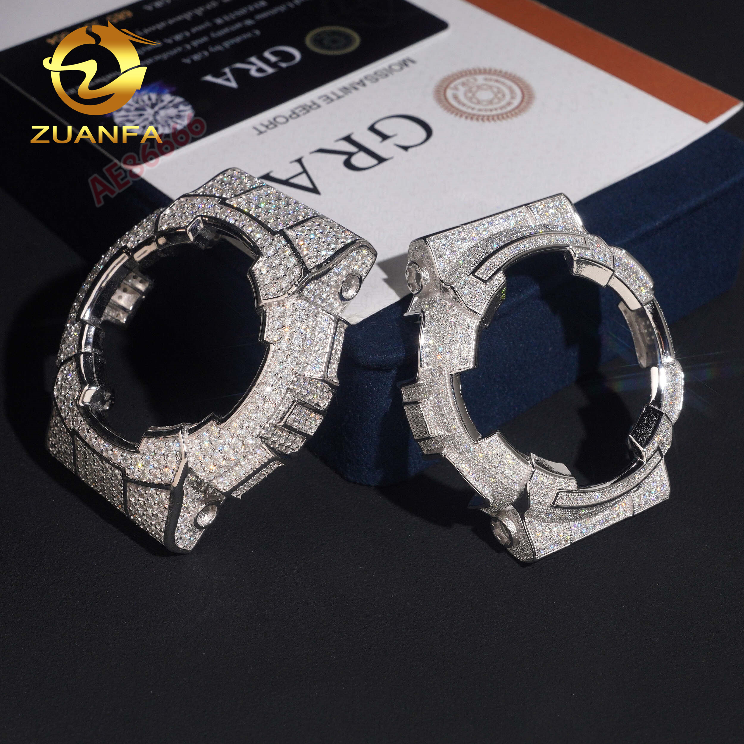 GRA Past Test Iced Out Full Moissanite Gem Watch Bezel Fit 925 sterling Silver 18K Gold Plated Handmade Rivet Watch Case Frame Hip Hop Bling Wristwa