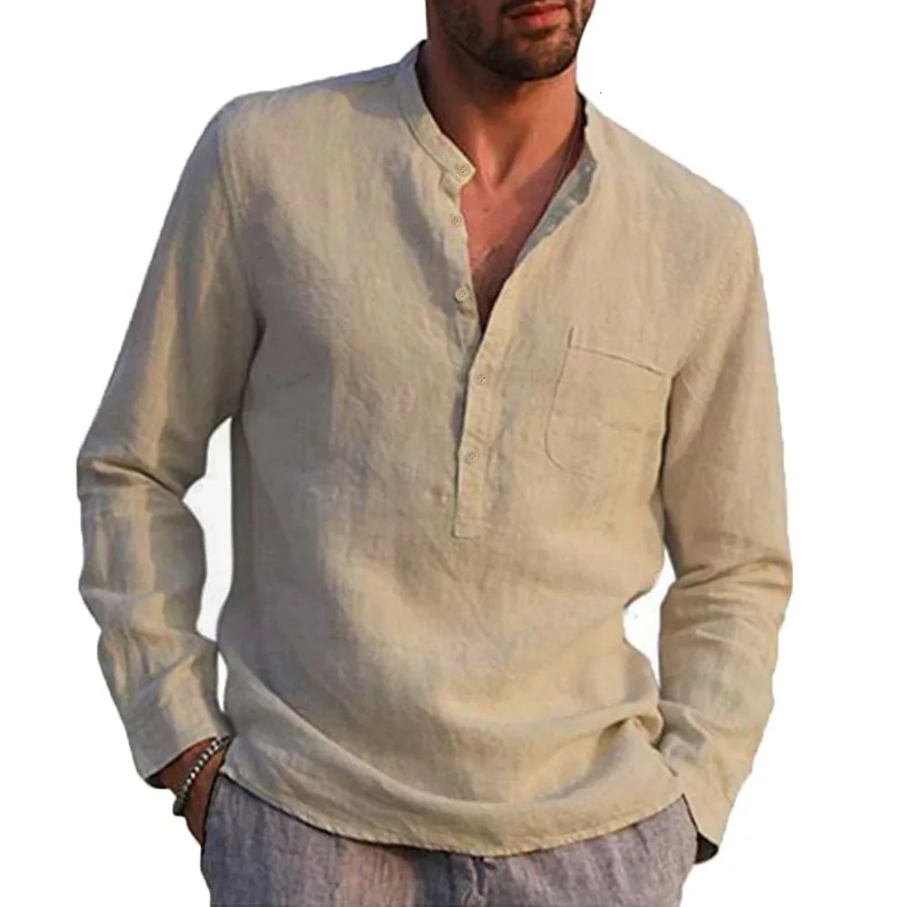 Cotton Linen Mens Shirt Long Sleeved Solid Color Summer Stand Up Collar Shirts Casual Beach Style Breathable Cozy Tops 260720