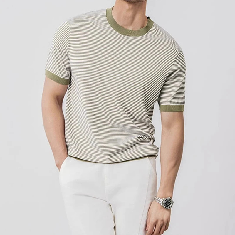 Men Striped Knitted T Shirt y O Neck Short Sleeve Tees Korean Fashion Streetwear Male Leisure Premium Slim fit Knitwear 260720