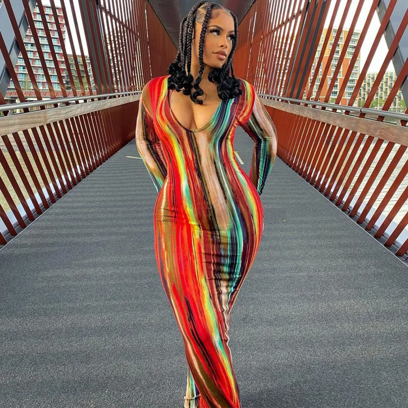 Spring and Autumn Womens V-neck Stripe Long Sleeve Tight Fit Sexy Dress for Women 260720BJ