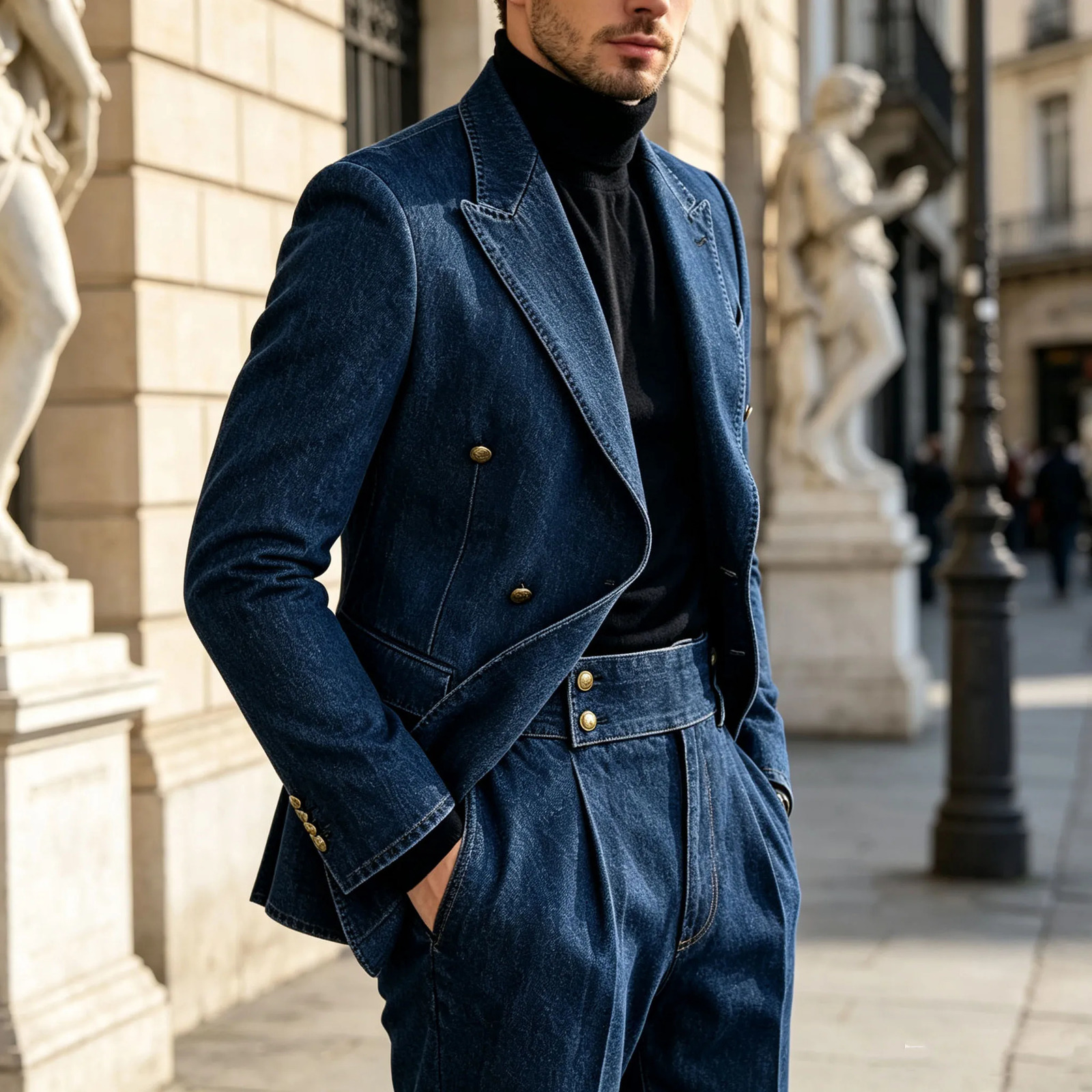 Fashion Denim Mens Suit Classic Double Breasted Lapel Slim Fit 2 Pieces Suit Jacket Blazer Pants Elegant Causal Style 260717