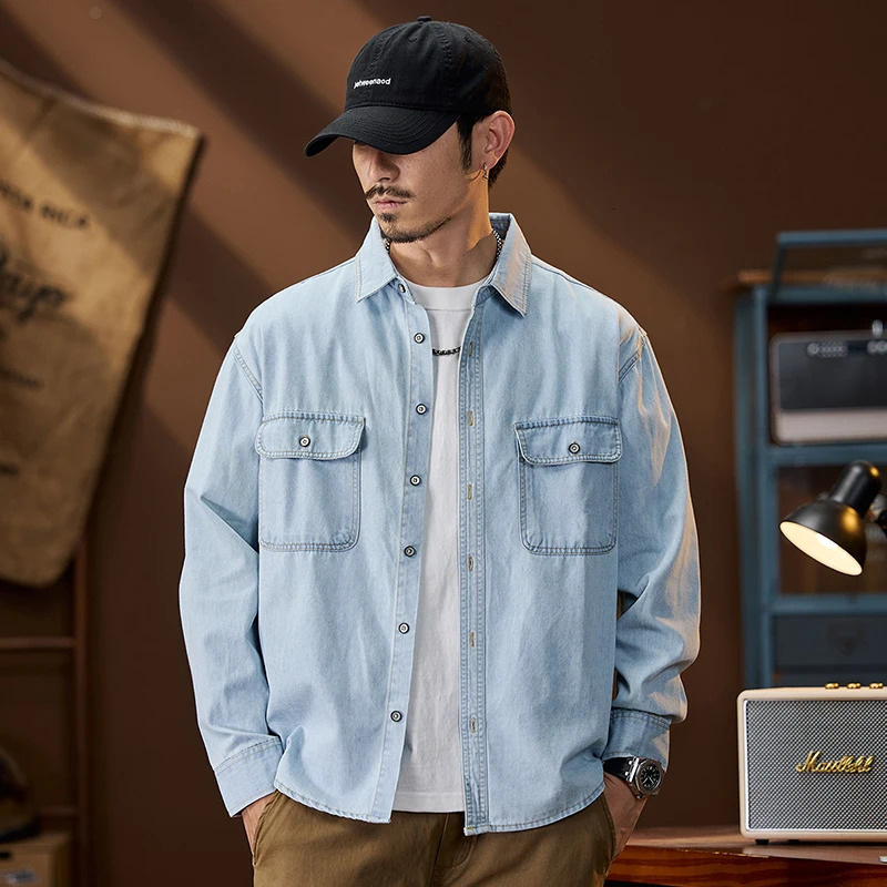 Loose Large Size Denim Shirt Mens American Vintage Fashion Long Sleeved Casual Jeans Lightweight Pure Cotton Jacket 260713BANJIA