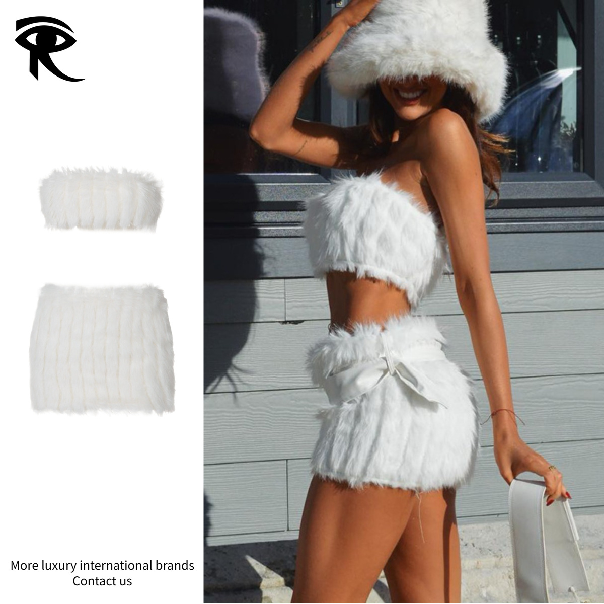 Ensemble 2 pièces en fausse fourrure pour femmes Y2K, haut tubulaire pelucheux et mini jupe taille basse, tenue sexy automne-hiver streetwear, en