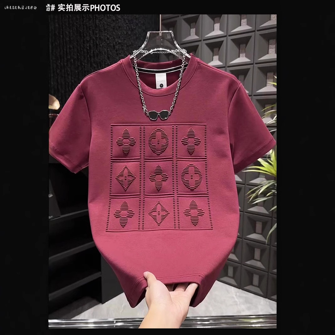 2025 Spring Premium Thick Cotton Crew Neck Short Sleeve Top Mens Grid Panel Raised Embossed Symbols Relaxed Fit Daily Layering Vacation Cool Casual