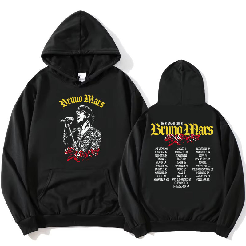 The Romantic Tour Hoodie BRUNO MARS Singer Design Sweatshirt Long Sleeve Loose Hooded Pullovers Women Men Clothing Print Merch 9f